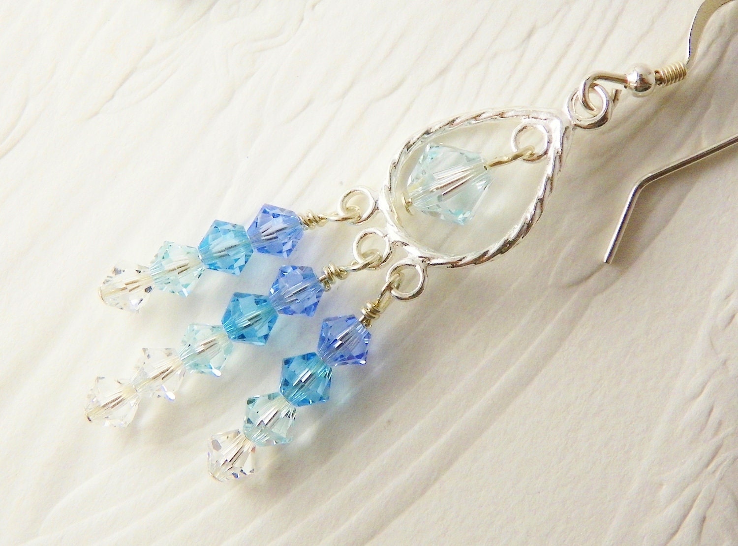 Blue Aqua Azore Crystal Sterling Silver Chandelier Earrings - JanMarieArts