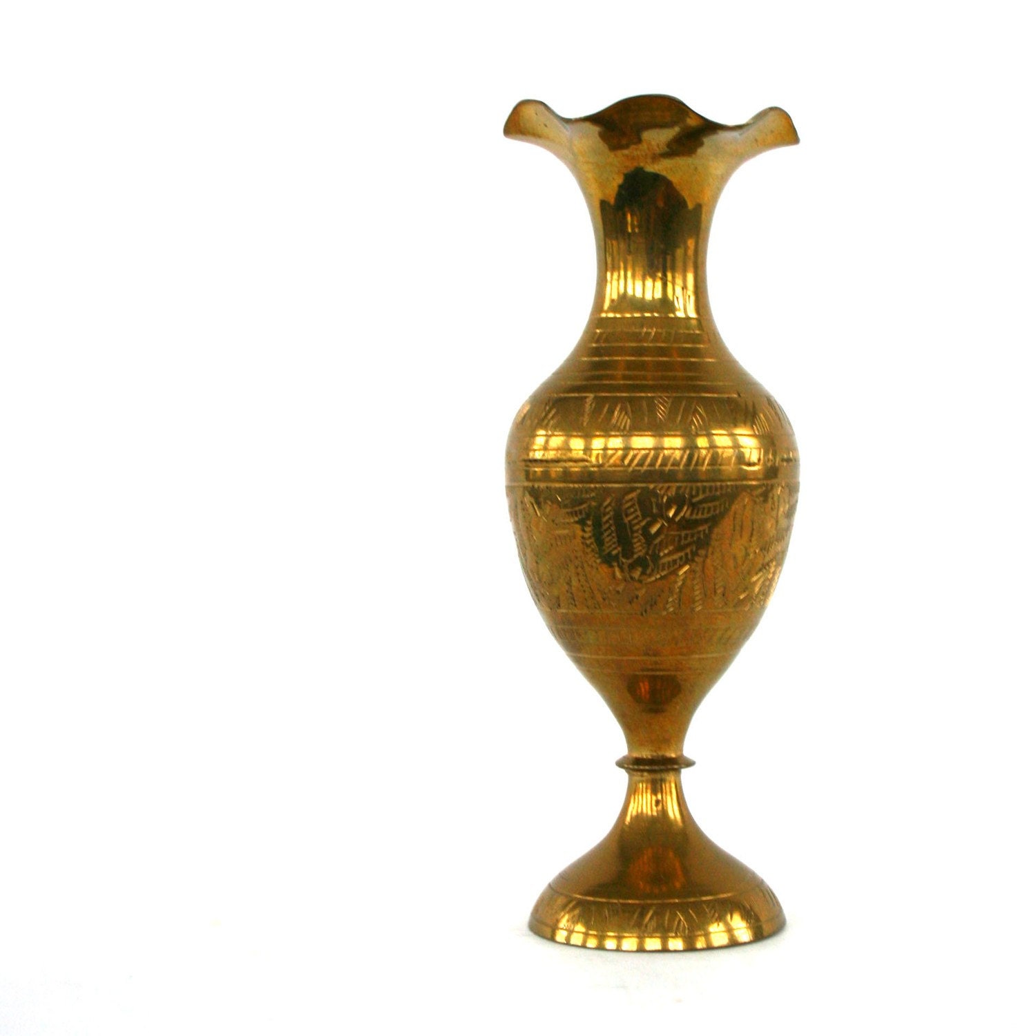 Vintage Brass Bud Vase. Floral Etching Engraving. Patina. Gold Tones. Home Decor. Flowers. Leaves. Leaf. Vestiesteam. Rhapsody Attic.