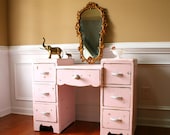 Pink Vintage Vanity Desk. Bohemian Chic. Boudoir. Shabby Chic. Boho. Girls Bedroom. Pastel Pink. Cottage. Little Girl Easter Birthday.
