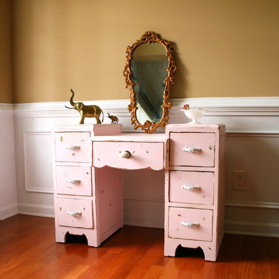 Pink Vintage Vanity Desk. Bohemian Chic. Boudoir. Shabby Chic. Boho. Girls Bedroom. Pastel Pink. Cottage. Little Girl Easter Birthday.