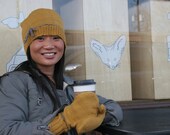 Knit Hat and Mitten Set - Mustard Yellow with Gray details