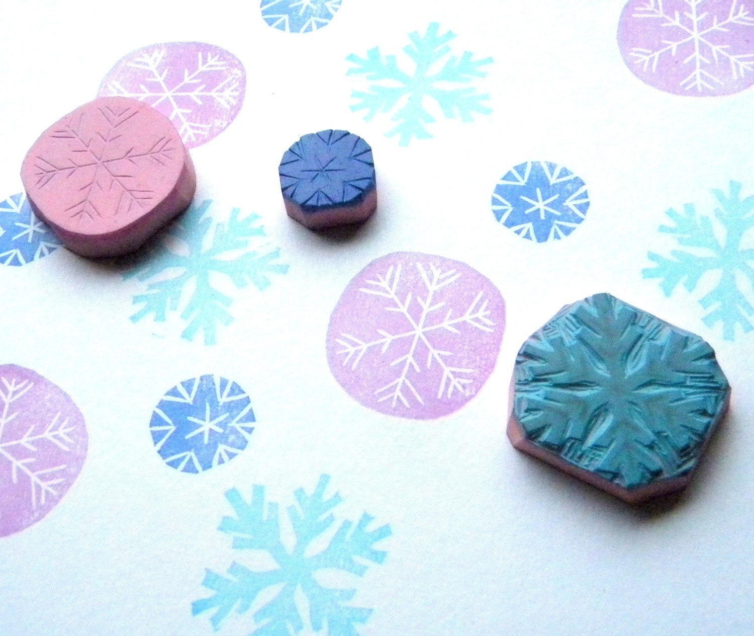 Snowflake rubber stamp set - handcarved set of 3