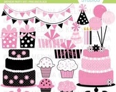 Birthday Party Art - Pink and Black - Clip Art Set Digital Elements for Cards, Stationery and Paper Crafts and Products