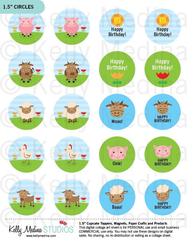 Farm Animal -  1.5 inch Circle Digital Collage Sheet - Commercial use for Cupcake Toppers, Magnets, Paper Crafts and Products