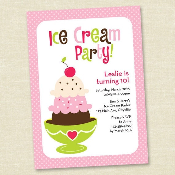 Ice Cream Party - Pink, Green and Brown - Printable Digital Invitation - Personal Use Only