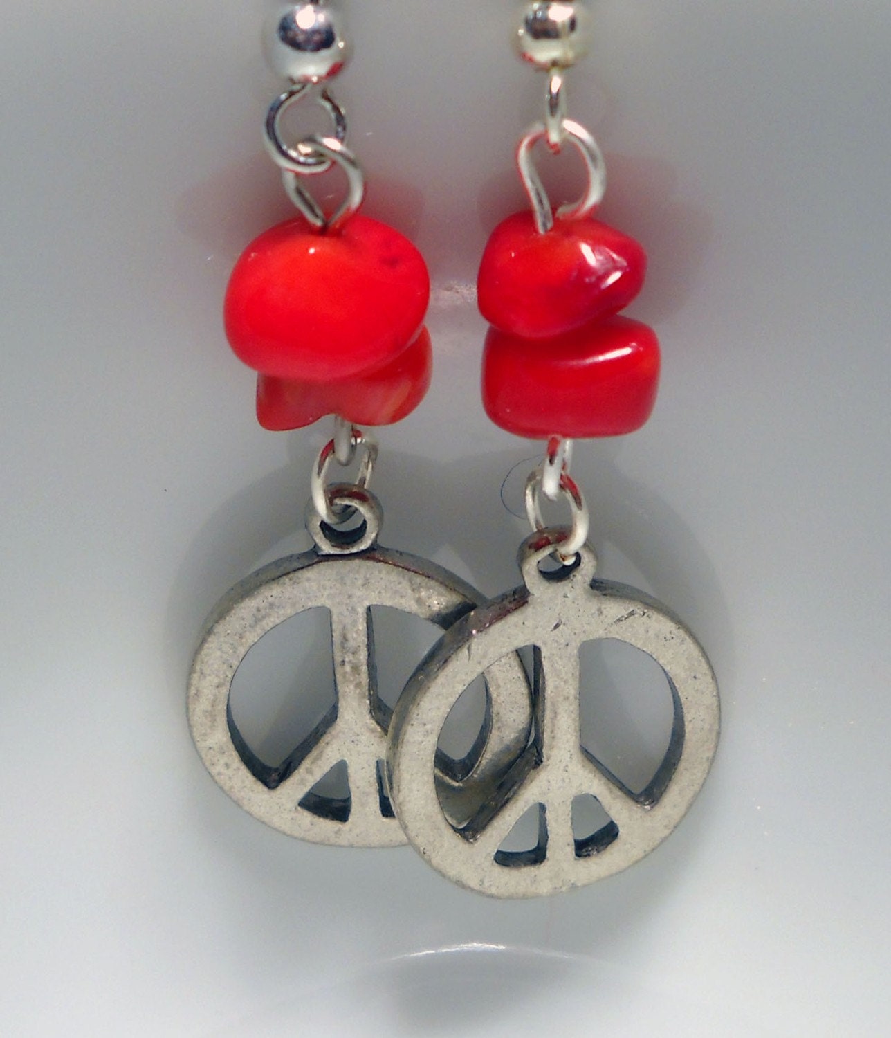 Peace Sign Earrings, Bamboo Coral, Dangles, Beaded - Red Hot Earrings