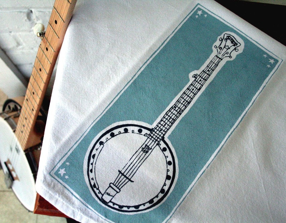 Tea Towel. Banjo. Blue and Gray. Hand Screen Printed.