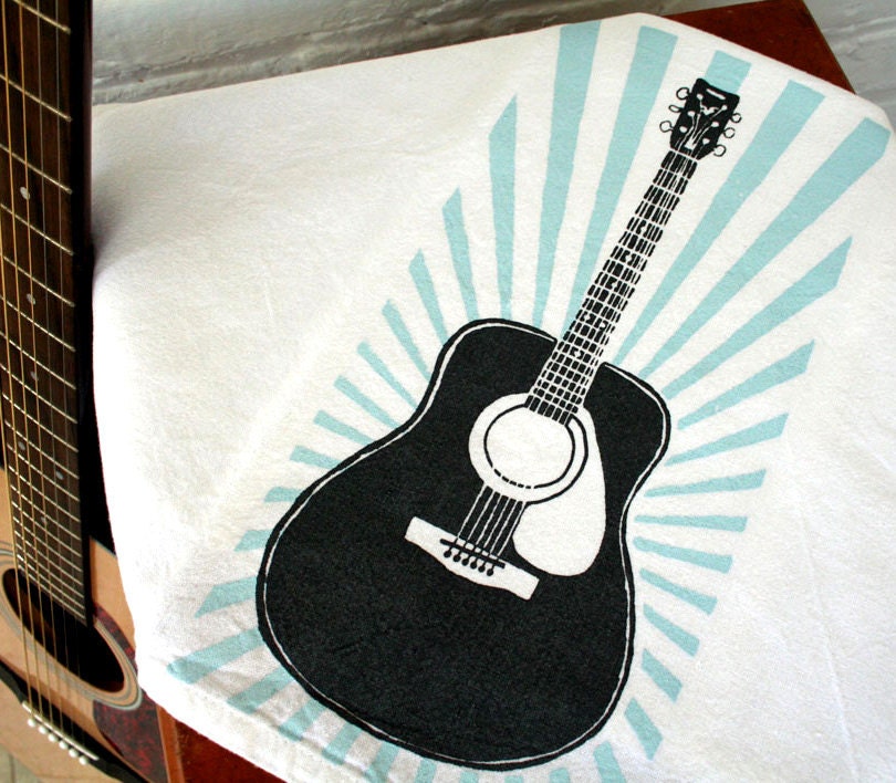 Tea Towel. Guitar in Blue and Gray. Hand Screen Printed.