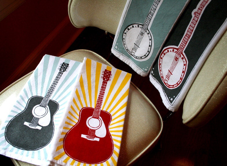 Tea Towel. Guitar. Red and Yellow. Hand Screen Printed.