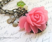 Pink Rose Necklace - Victorian Garden Necklace - Pretty in Pink - Butterfly - Lady Kateryn - VRBBoutique
