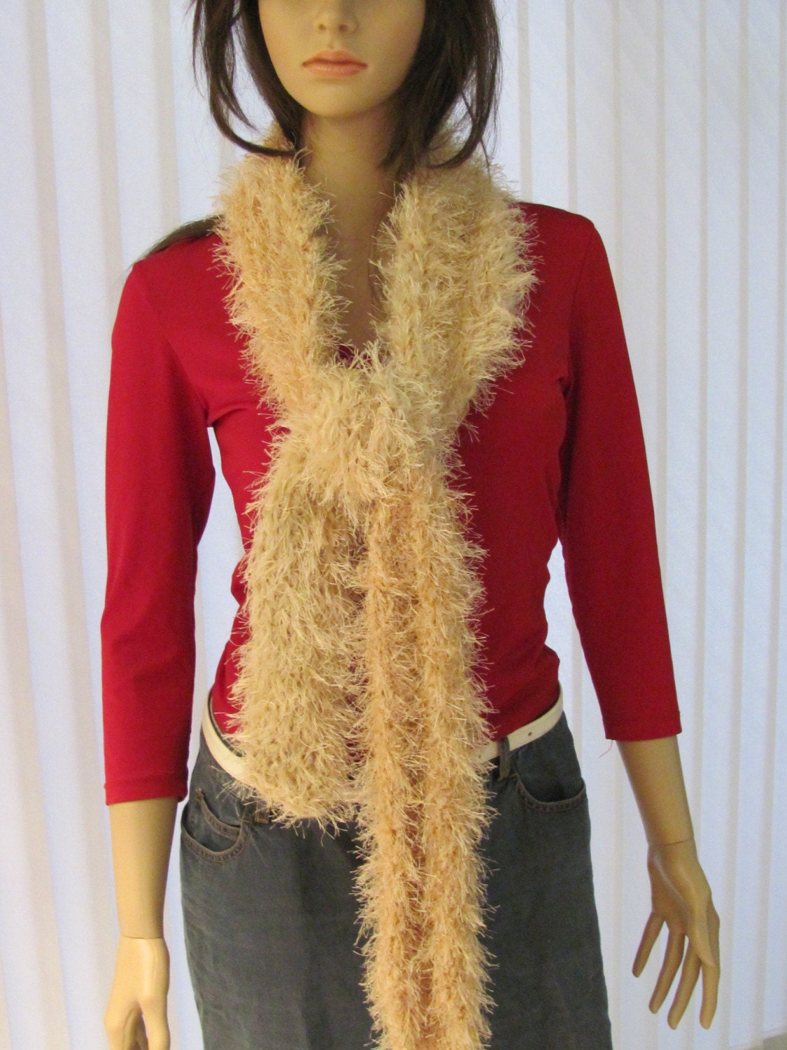 Two tone champagne beige, boa /scarfhand knitted, extra long, in eyelash yarn and wool