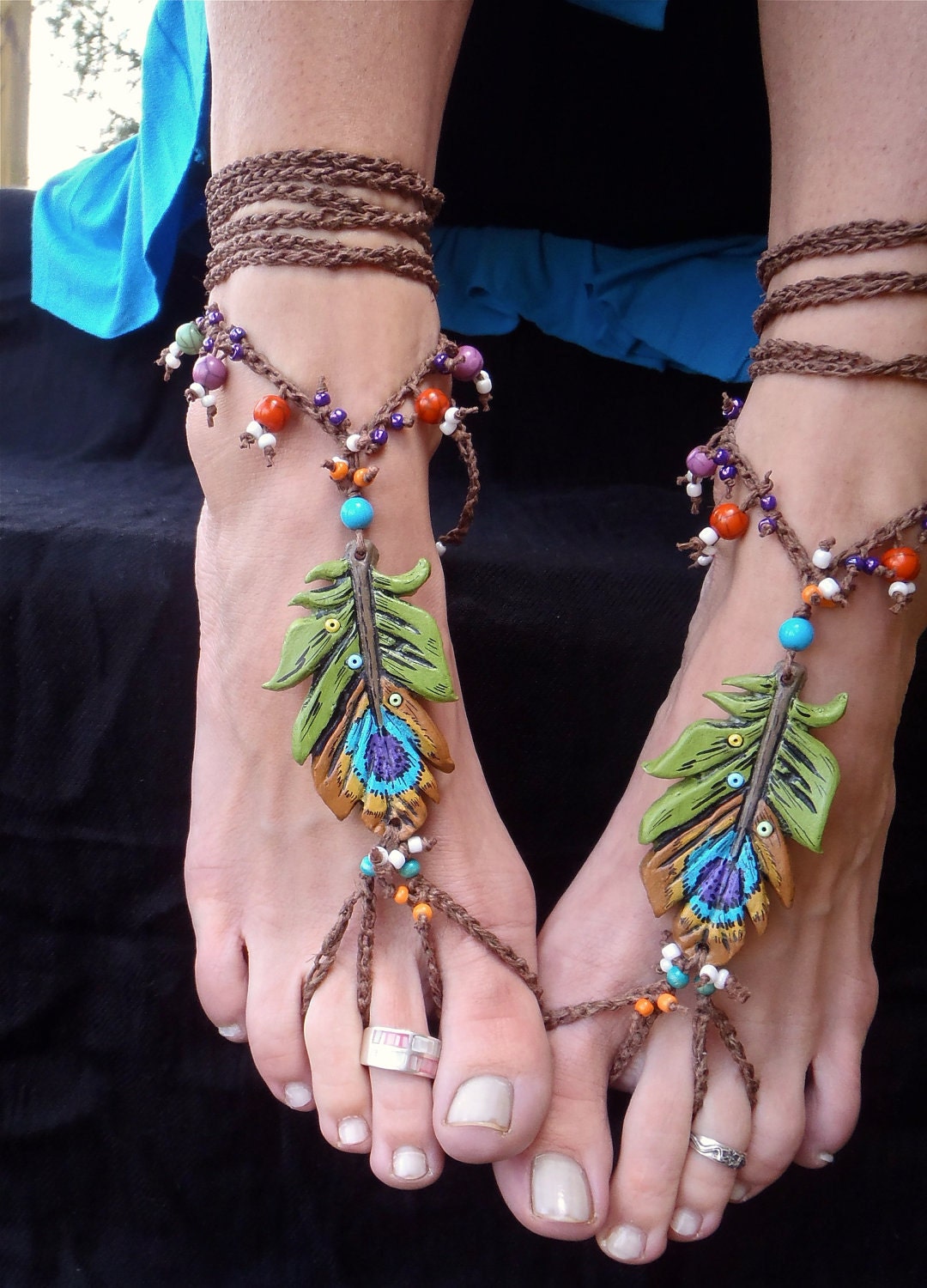 BOHEMIAN barefoot sandals PEACOCK FEATHER for many occasions made to order festival hippie hula hooping belly dance yoga