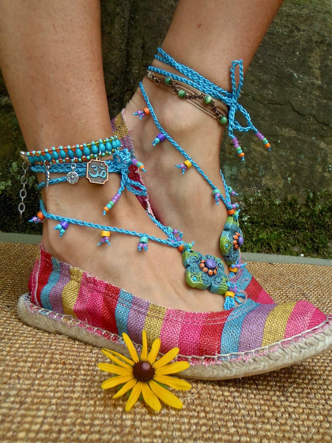 BLUE summer BAREFOOT SANDALS crochet sandals beaded sandals slave anklets foot jewelry beach wedding bohemian gypsy shoes