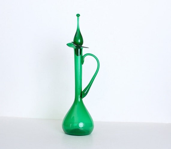Vintage 60s MOD Green Blown Glass Decanter