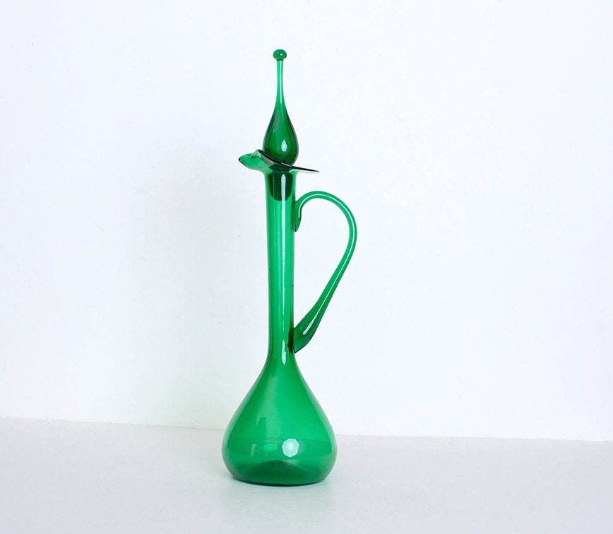 Vintage 60s MOD Green Blown Glass Decanter