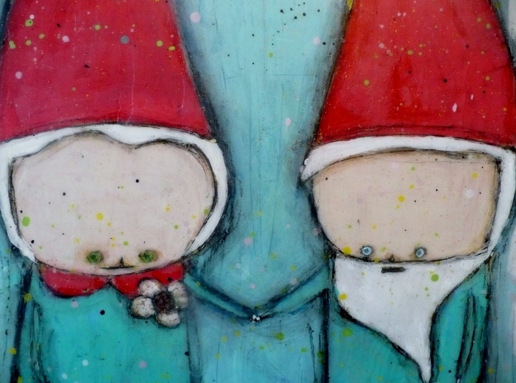Encaustic mixed media painting Gnome Union love 8x10 Wood Burned Painting