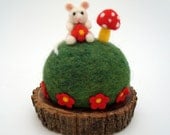 Needle Felted Wool  Mouse and Mushroom on a Flower Covered Grass Hill Pincushion Sculpture