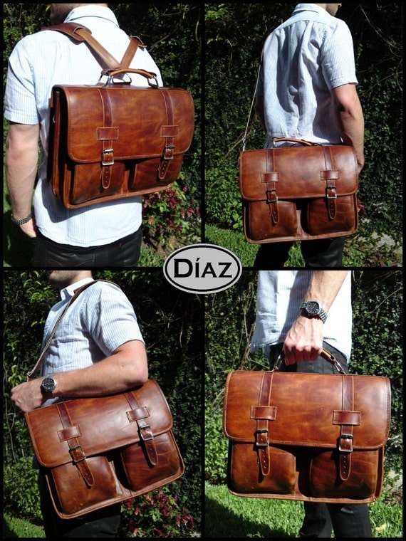 DIAZ Large Geunine Leather Briefcase / Backpack Messenger Bag Satchel in Crazy Horse Tanned Brown - (17in MacBook Pro) - Free Shipping -