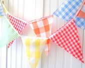 9 feet, 21 Flags of Vintage Gingham Banner, Sunshine Yellow, Red, Green, Orange, Blue, Birthday Party Bunting, Wedding Decor, Baby Nursery