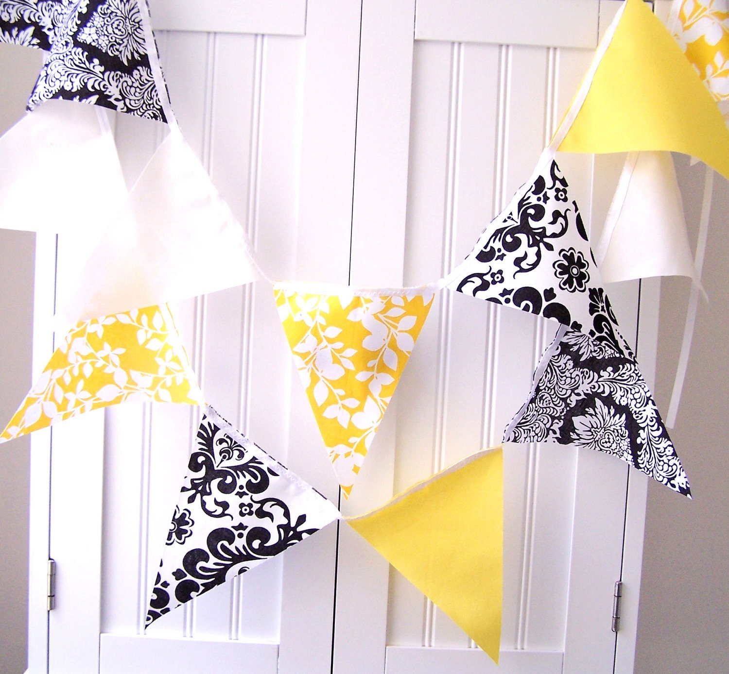 9 feet Banners, Bunting, 21 Pennant Flags, Black and White Damask, Yellow Leaf and White, Baby Nursery Decor, Wedding Decor, Birthday Party