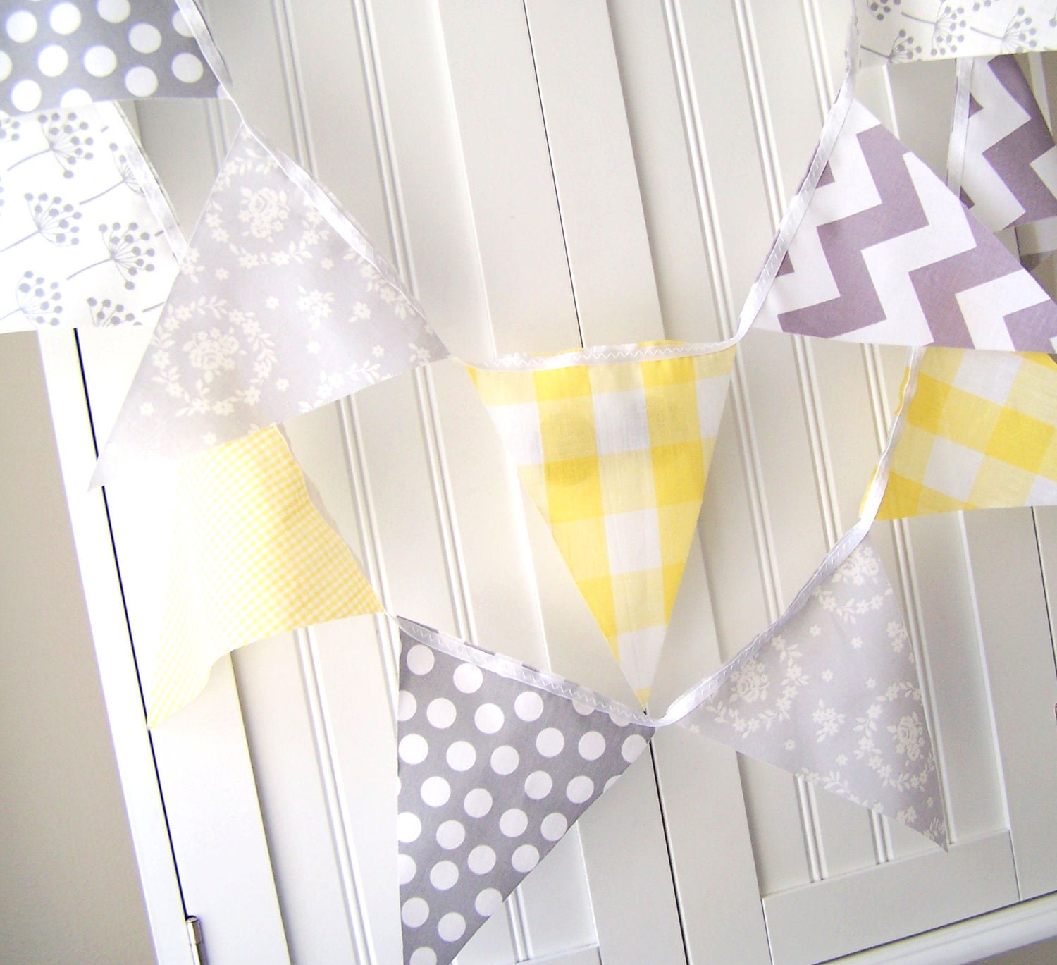 9 feet Banners, Bunting, 21 Pennant Flags, Vintage Yellow Gingham and Grey Polka Dot, Chevron and Floral, Baby Nursery Decor, Wedding Decor