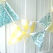 9 Feet of Banner, Bunting Flags in Aqua Blue Damask and Vintage Sunshine Yellow Gingham, Wedding Decor, Baby Nursery Decor