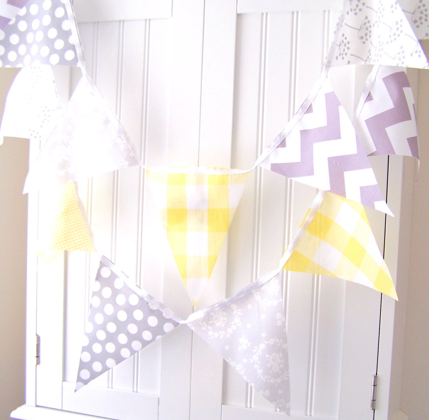 9 feet Banners, Bunting, 21 Pennant Flags, Vintage Yellow Gingham and Grey Polka Dot, Chevron and Floral, Baby Nursery Decor, Wedding Decor