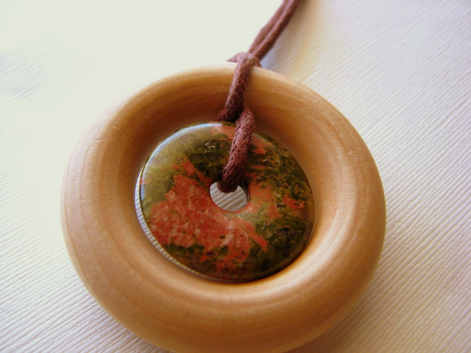 Stone in Wood - Wooden Teething and Nursing Necklace with 30mm Unakite Pendant