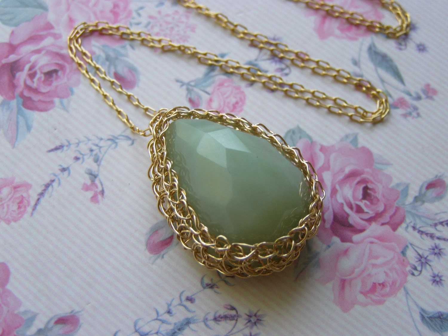 Crochet Necklace, Green Jade Necklace, Wire Goldfilled,  Tear Drop  Pendant