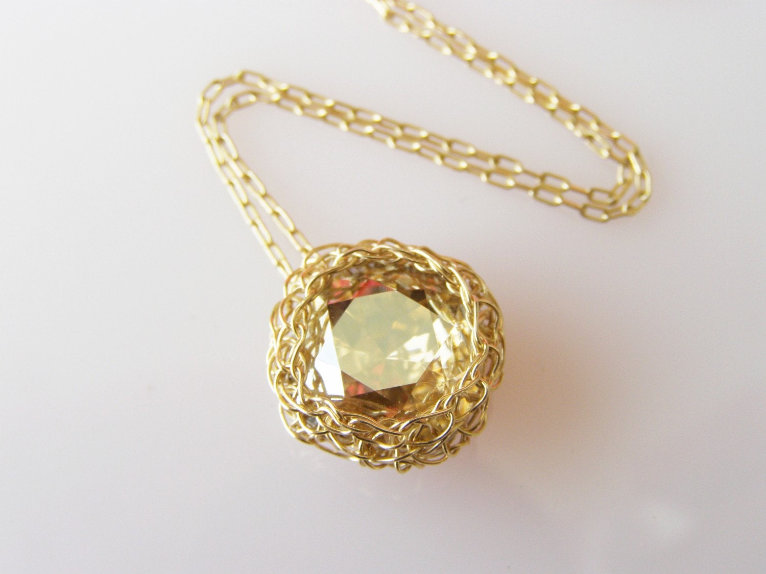 Crochet Pendant, Swarovsky Necklace,  Gold filled Wire, Golden Swarovsky, Wire Crochet Jewelry
