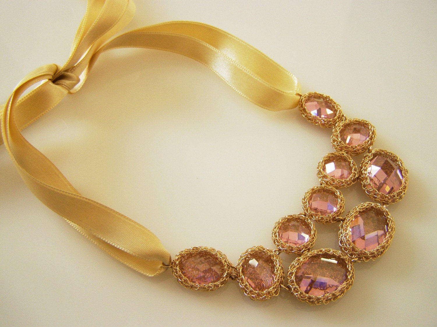 Pink Zircon Necklace, Crochet Goldfilled Necklace, Impressive Pink Zircons Necklace, Small Model