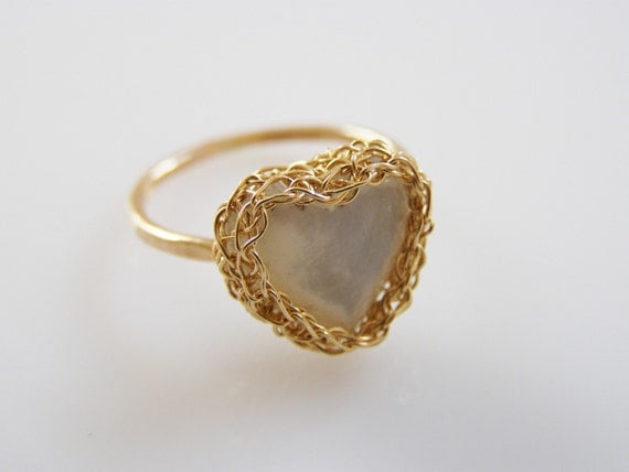 Valentines Day Ring, Mother of Pearl Ring, Crochet Ring,  Heart  Ring, Bridesmaid Ring