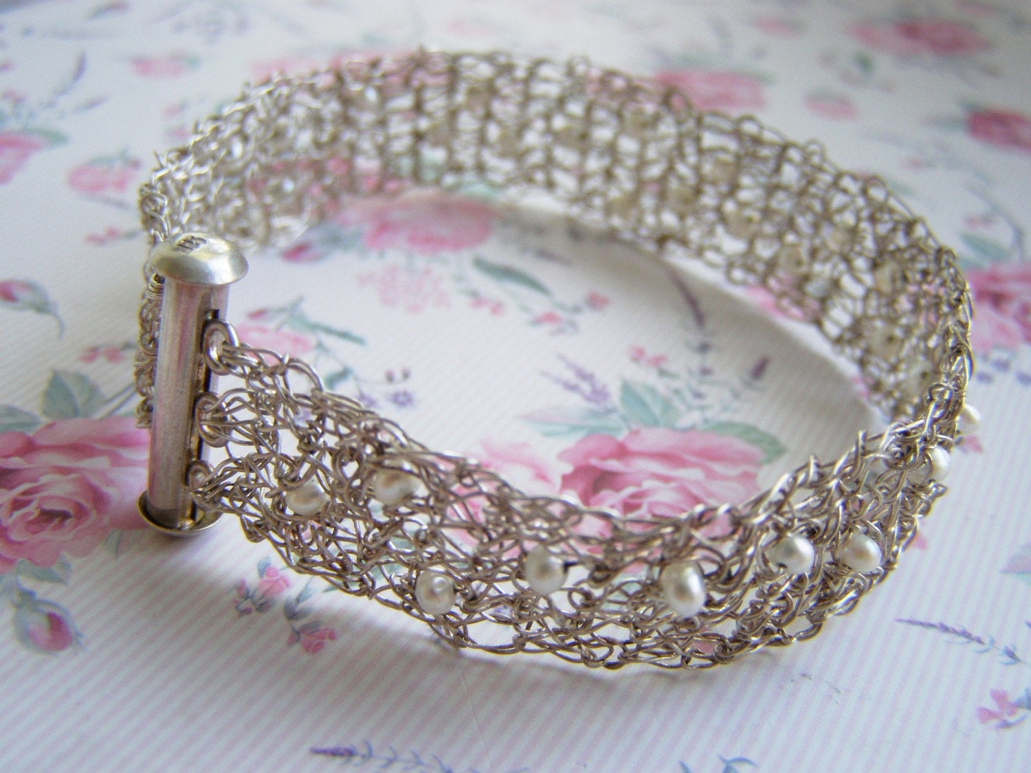 Bridal Crochet Bracelet, Silver Bracelet, Pearls Bracelet,  Fresh Water Pearls Bracelet