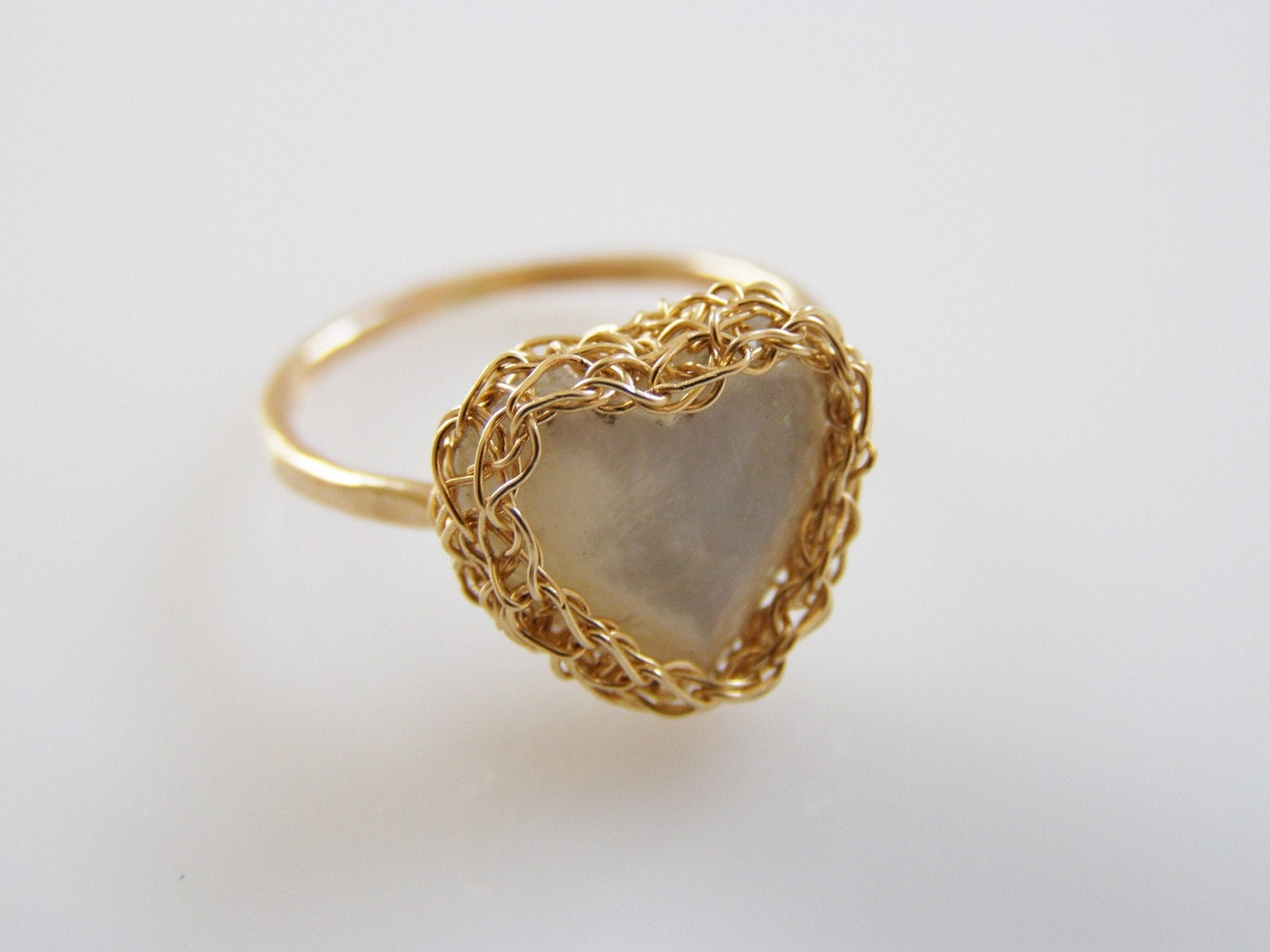 Valentines Day Ring, Mother of Pearl Ring, Crochet Ring,  Heart  Ring, Bridesmaid Ring