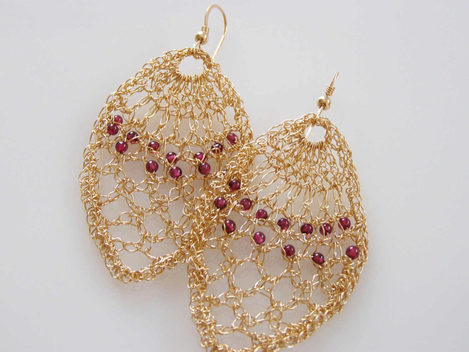 New Collection - Impressive Crochet Knitting Goldfilled Garnet Lace Earrings