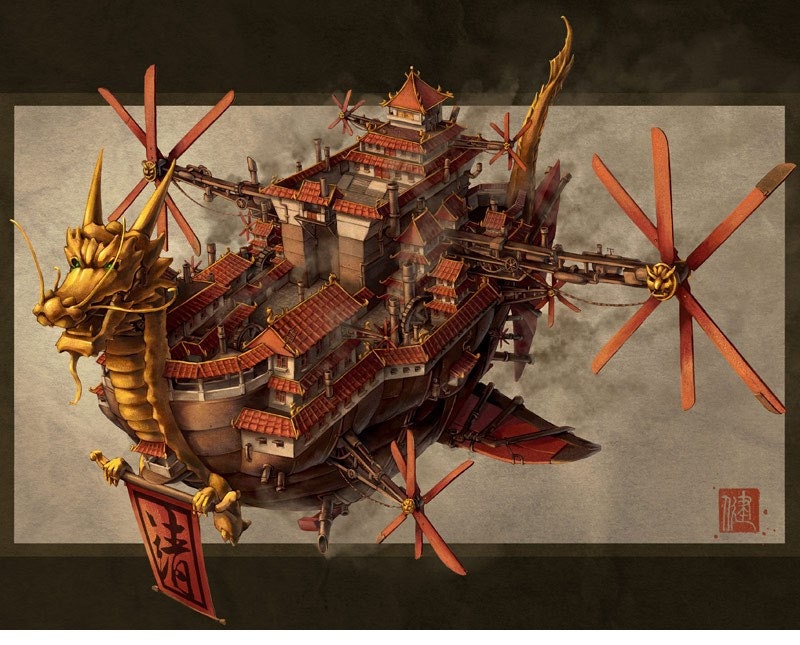 Imperial Airship Chinese Steampunk Print by James Ng