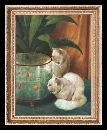 Fish Bowl Cats Miniature Dollhouse Art Picture 1549