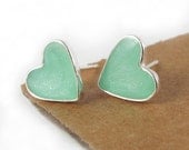 Heart stud Earrings - Light green, mint Small Sterling Silver, post earrings, valentines day