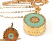 Mint necklace, Gold Necklace LONG, 14K gold filled, Light green & Bronze  resin,  Topaz Swarovski crystal, Double-sided, versatile necklace