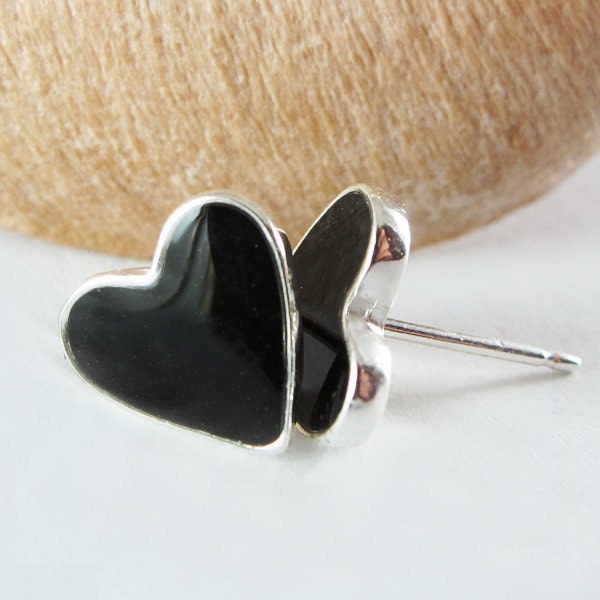 Post heart silver Earrings, Black heart, heart earrings , heart studs earrings, valentines day