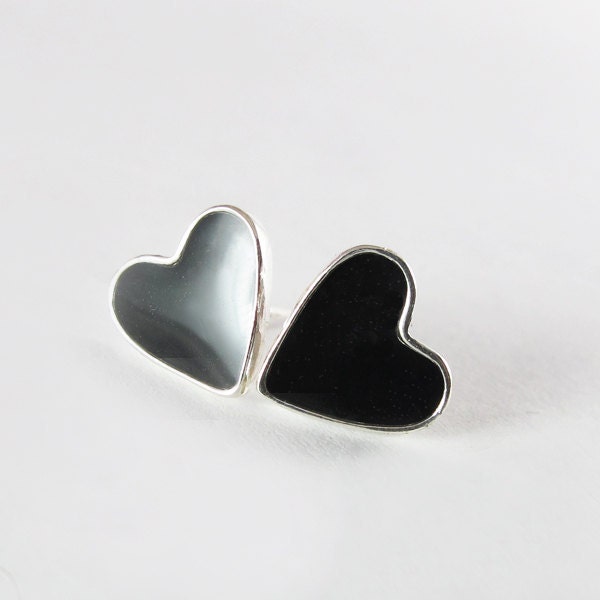 Post heart silver Earrings, Black heart, heart earrings , heart studs earrings, valentines day