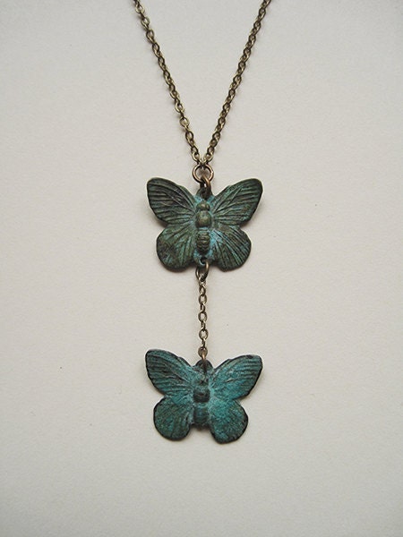 butterflies necklace - pendant, verdigris patina, brass, vintage, butterflies - SALE 30% OFF