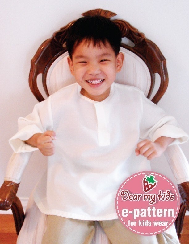 Relaxed Beach Shirt (12 months upto age 6)PDF patterns - split round neck, roomy, box pleat at the back