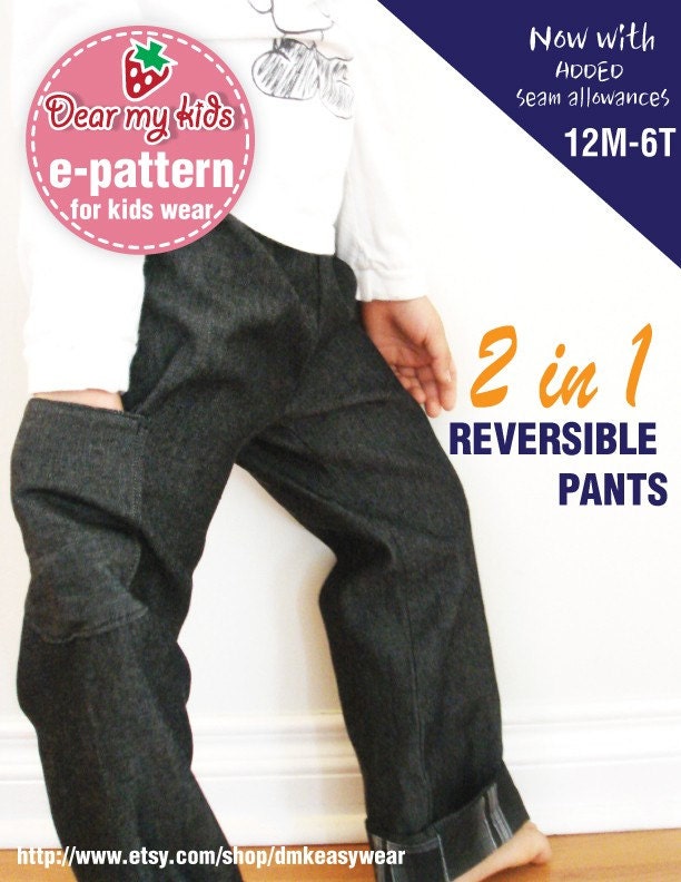2 IN 1 Reversible Pants- One side pocket, elastic band waist (12M - 6T) PDF patterns