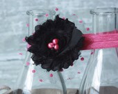Pink Poppin' Dot--black & hot pink polka dot chiffon flower headband