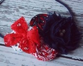 Arden- navy and red rosette and chiffon flower headband with lace bow accent