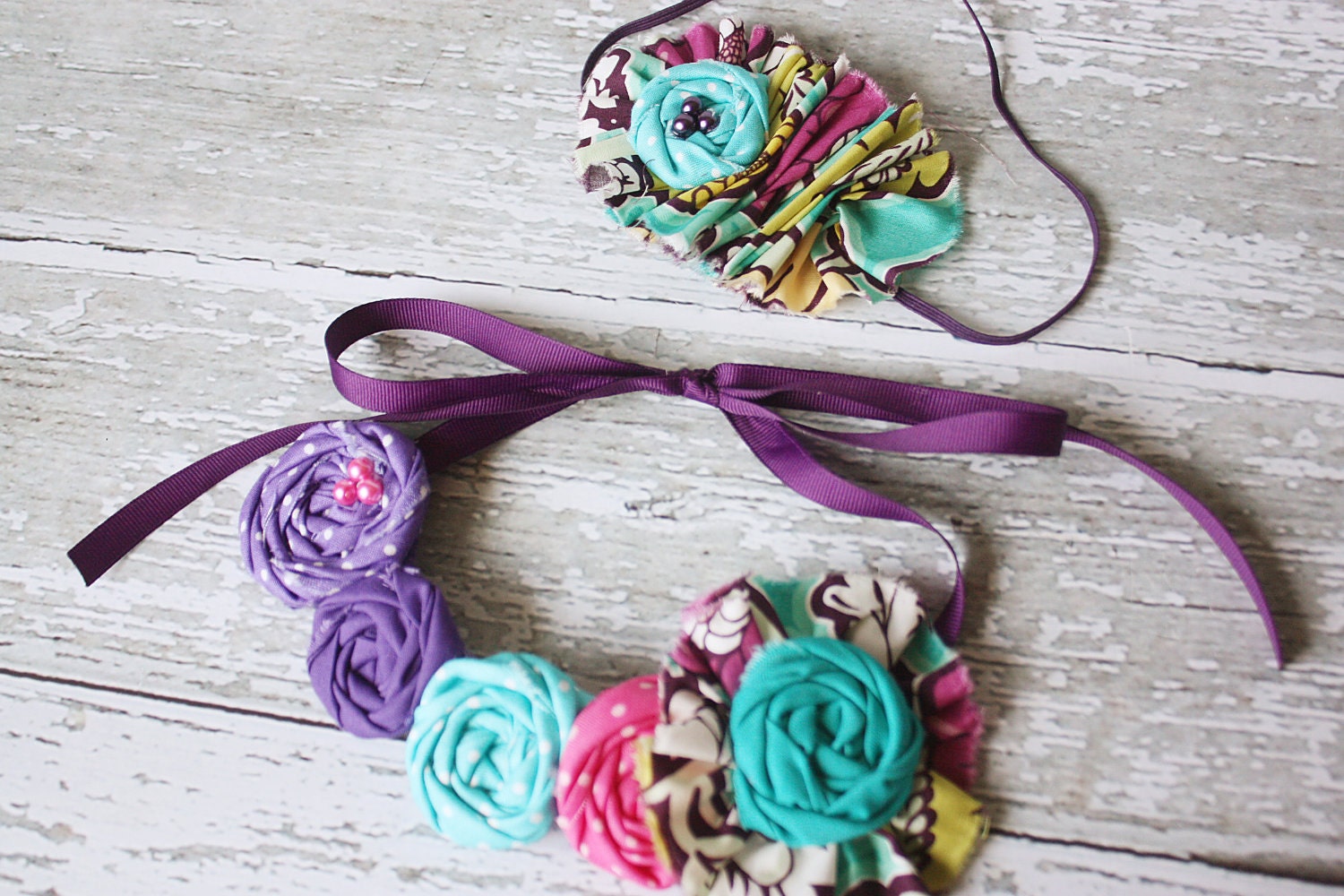 Bespoken rosette & ruffle bib necklace and ruffle with rosette headband set... toddler to adult