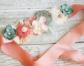 Coral, pink and aqua maternity sash  or infant wrap with lace, rosettes, chiffon flowers and ruffles