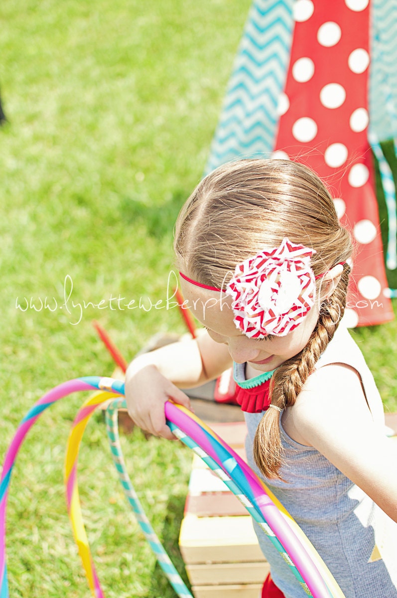 Red, white and chevron delia style ruffle flower and rosette heaband