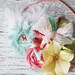 Easter Whim- aqua, pink, peach, coral and yellow rosette and flower collage headband with feather
